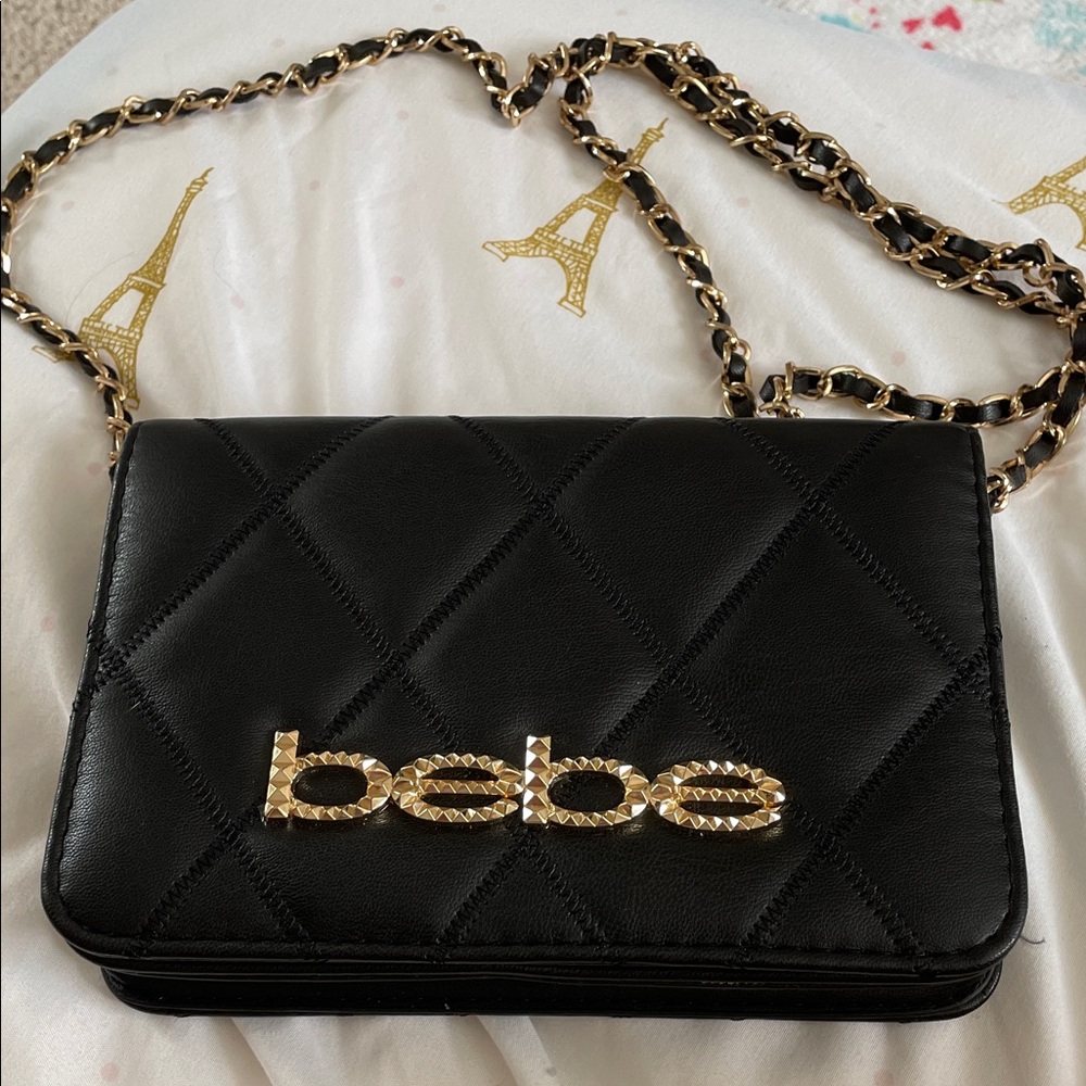 Bebe Black Quilted Crossbody Bag with Gold Chain